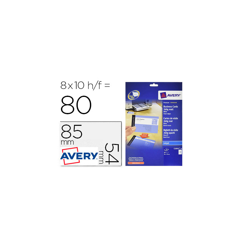 TARJETA DE VISITA AVERY BLANCA MATE 85X54 MM 260 GR IMPRIMIBLE DOBLE CARA PARA INK-JET PACK DE 80 UN
