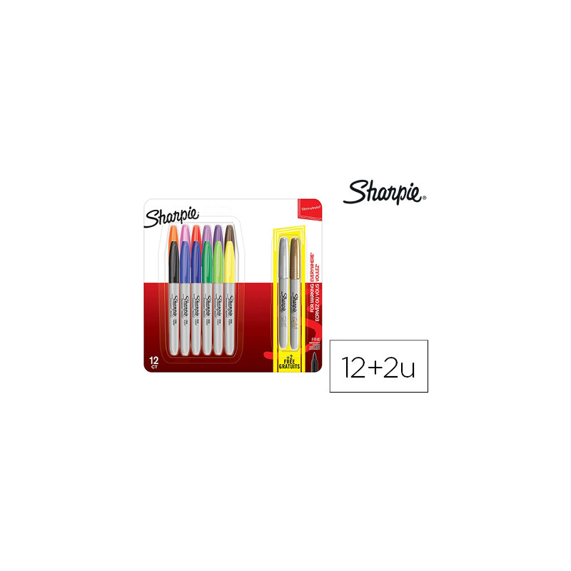 ROTULADOR SHARPIE PERMANENTE PUNTA FINA BLISTER DE 12 UNIDADES COLORES SURTIDOS + 2 UNIDADES COLOR