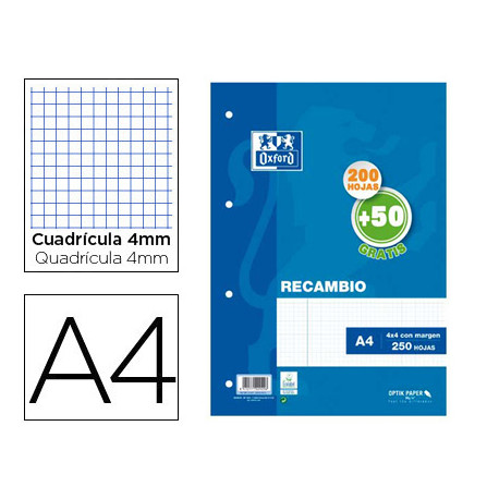 RECAMBIO OXFORD A4 200 + 50 HOJAS GRATIS CUADRO 4 MM CON MARGEN