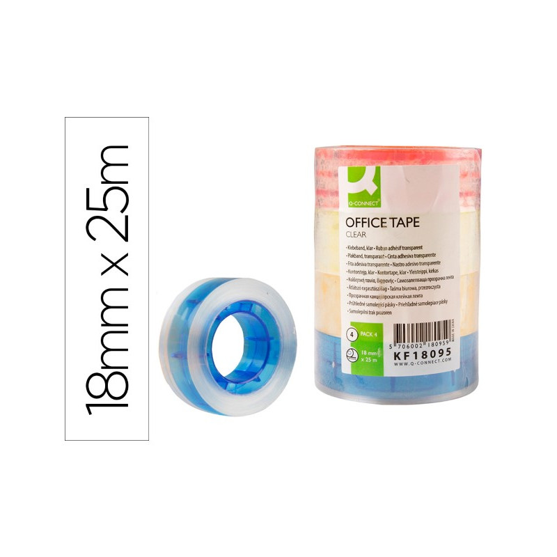CINTA ADHESIVA Q-CONNECT TRANSPARENTE 25 MT X 18 MM CON MADRIL DE COLOR PACK DE 4 UNIDADES