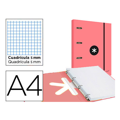 CARPETA CON RECAMBIO ANTARTIK A4 CUADRO 5MM FORRADA 4 ANILLAS 40MM REDONDAS CON SOLAPA COLOR CORAL