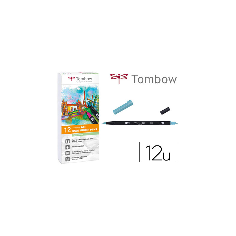 ROTULADOR TOMBOW ABT DUAL BRUSH ACUARELABLE DOBLE PUNTA FINA/PINCEL ESTUCHE DE 12 UNIDADES COLORES P