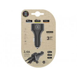 CARGADOR TECH ONE TECH 2.4 COCHE MECHERO DOBLE PARA IPHONE / USB MICRO / TYPE-C COLOR NEGRO