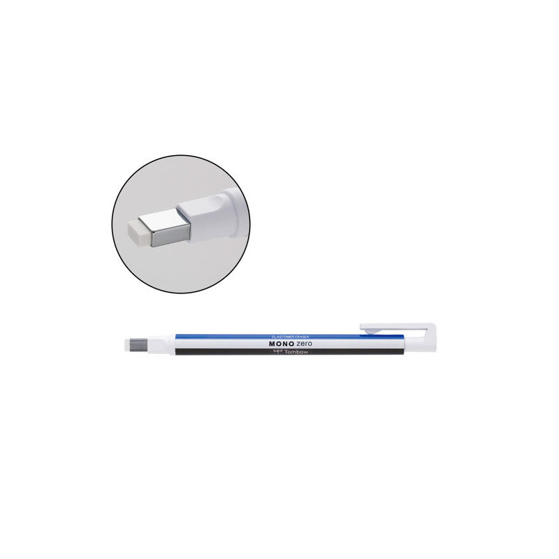 PORTAGOMAS TOMBOW MONO ZERO CON CLIP GOMA RECTANGULAR 2,5 X 5 MM COLOR BLANCO AZUL Y NEGRO
