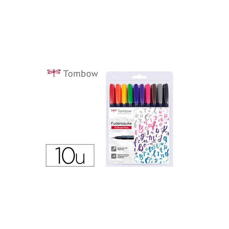 ROTULADOR TOMBOW FUDENOSUKE TINTA BASE DE AGUA PUNTA PINCEL DURA ESTUCHE DE 10 UNIDADES COLORES SURT