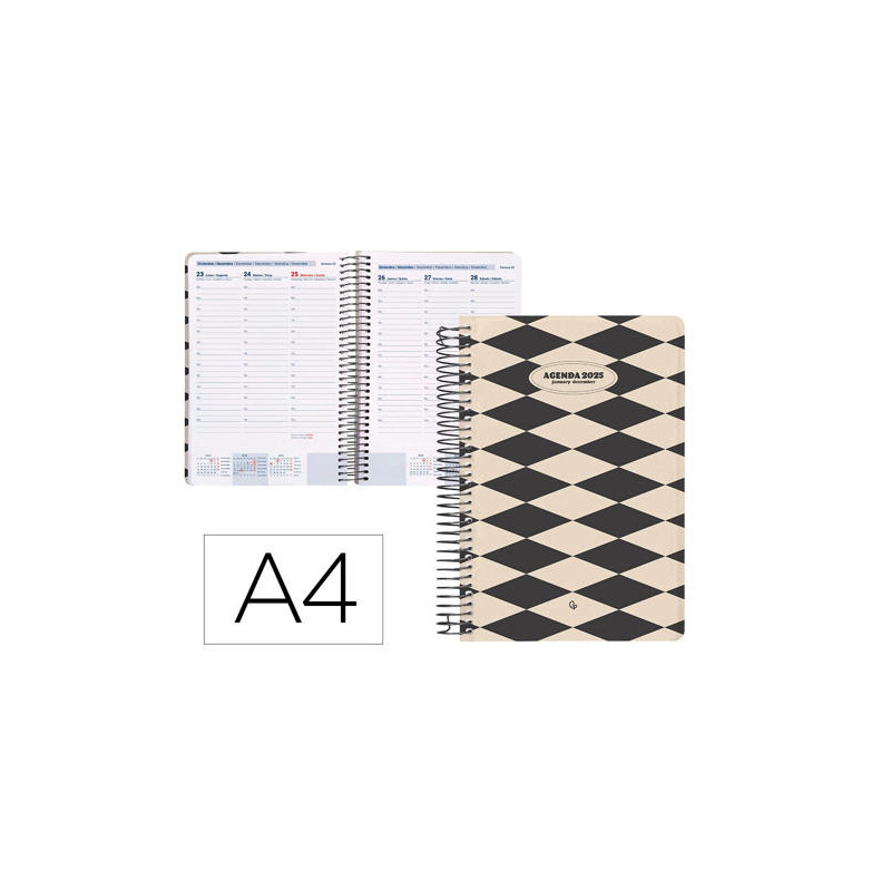 AGENDA ESPIRAL LIDERPAPEL CLASSIC A4 2025 SEMANA VISTA BLANCO Y NEGRO PAPEL 70 GR