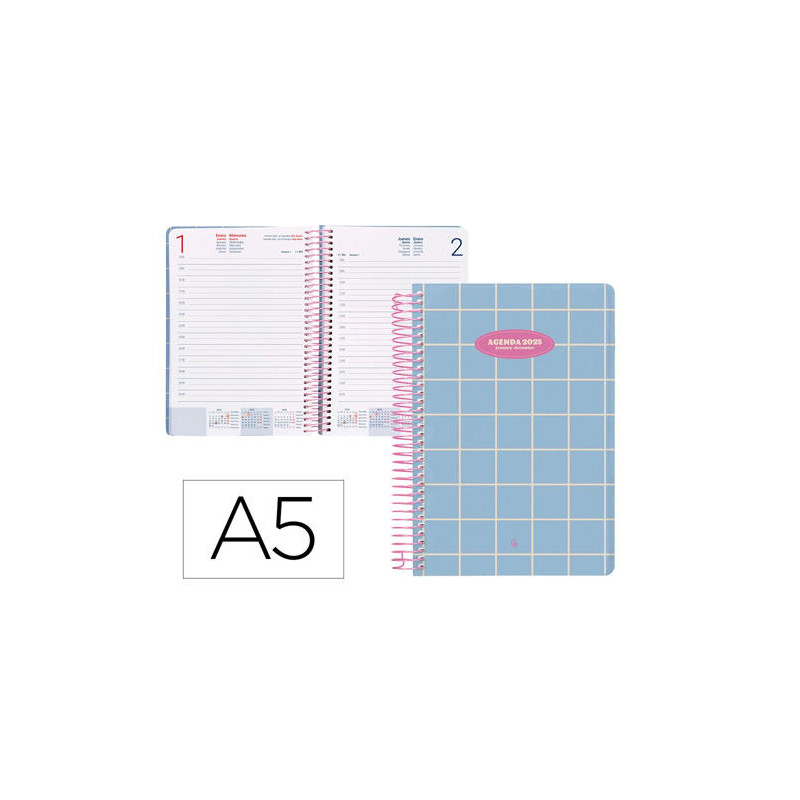 AGENDA ESPIRAL LIDERPAPEL CLASSIC A5 2025 DIA PAGINA COLOR AZUL CLARO PAPEL 70 GR