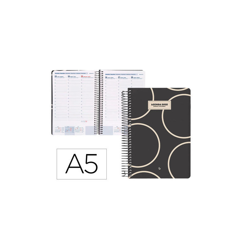 AGENDA ESPIRAL LIDERPAPEL CLASSIC A5 2025 SEMANA VISTA BLANCO Y NEGRO 2 PAPEL 70 GR