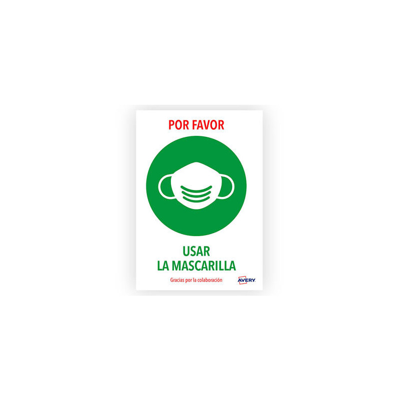 SEÑAL ADHESIVA AVERY USAR LA MASCARILLA DIN A4 RESISTENTE A LOS RAYOS UV PACK DE 2 UNIDADES