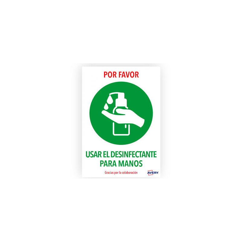 SEÑAL ADHESIVA AVERY USAR EL DESINFECTANTE PARA LAS MANOS DIN A4 RESISTENTE A LOS RAYOS UV PACK DE 2