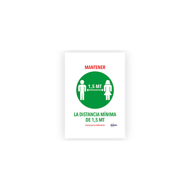 SEÑAL ADHESIVA AVERY MANTENER DISTANCIA MININA DE 1,5 MT DIN A4 RESISTENTE A LOS RAYOS UV PACK DE 2 