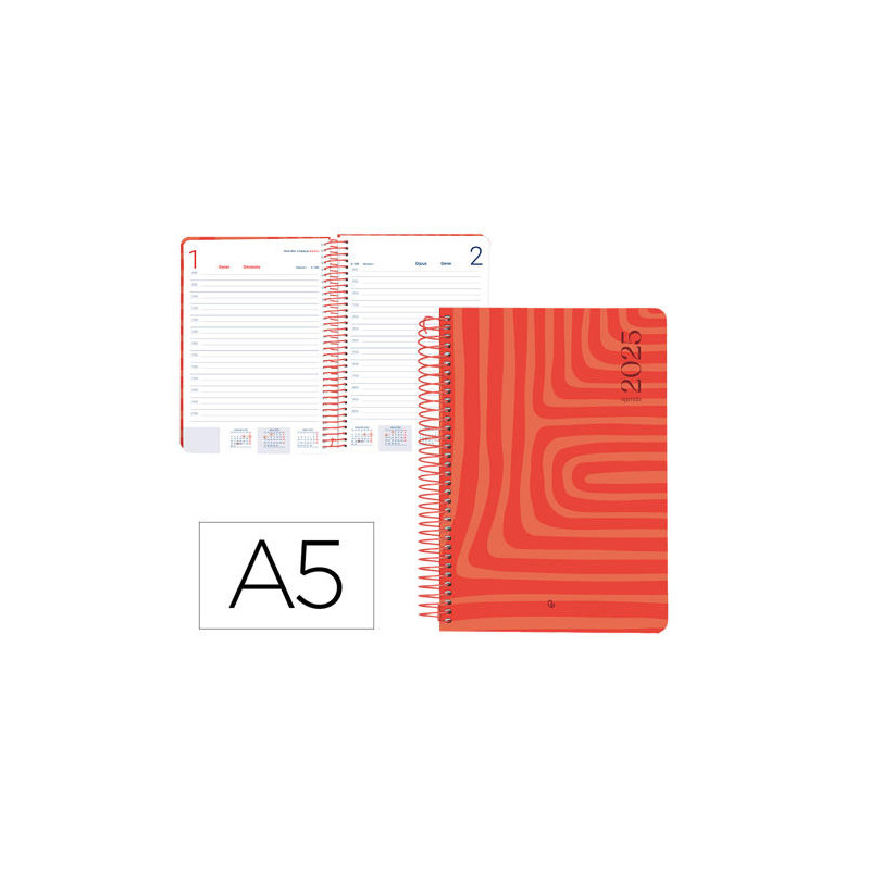 AGENDA ESPIRAL LIDERPAPEL SYROS A5 2025 DIA PAGINA COLOR ROJO PAPEL 60 GR CATALAN