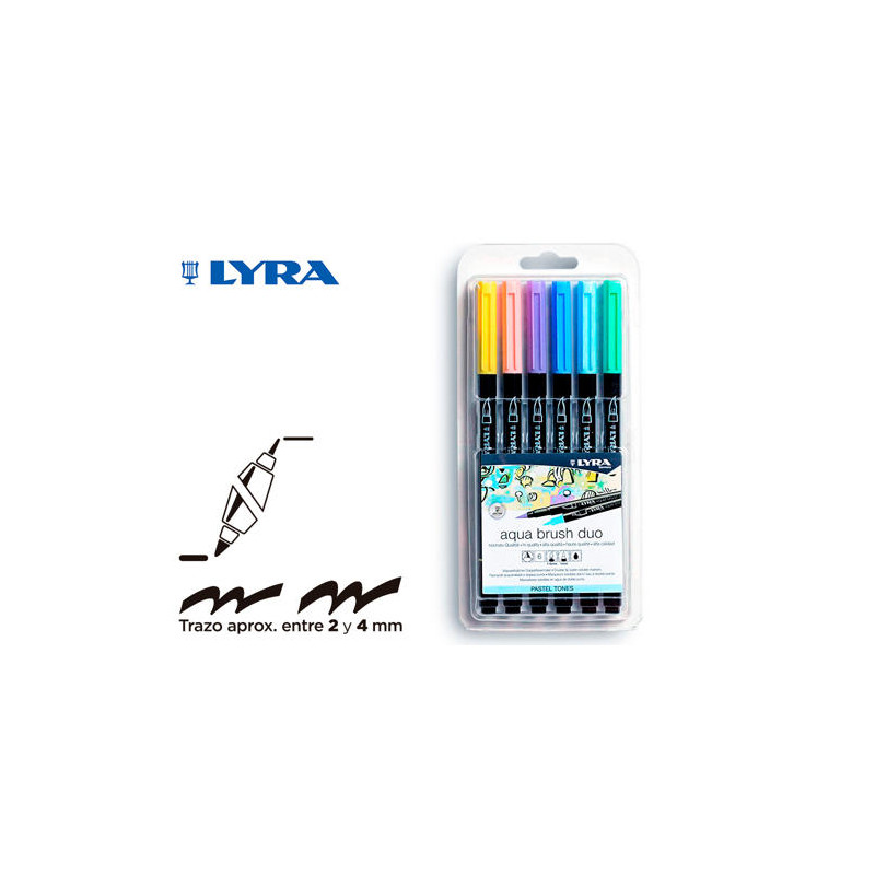 ROTULADOR LYRA AQUA BRUSH ACUARELABLE DOBLE PUNTA Y PINCEL TONOS PASTEL BLISTER DE 6 UNIDADES SURTID