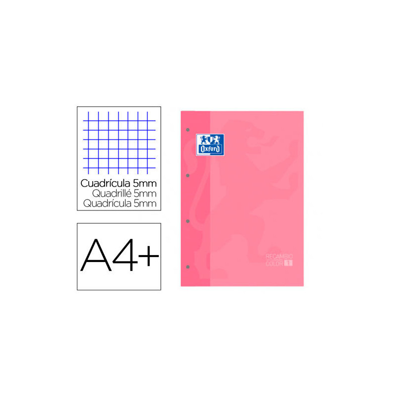 RECAMBIO COLOR 1 OXFORD DIN A4+ 80 HOJAS 90 GR CUADRO 5 MM 4 TALADROS COLOR ROSA CHICLE