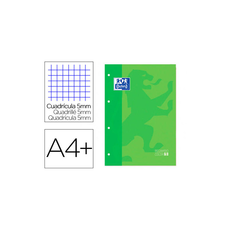 RECAMBIO COLOR 1 OXFORD DIN A4+ 80 HOJAS 90 GR CUADRO 5 MM 4 TALADROS COLOR VERDE MANZANA
