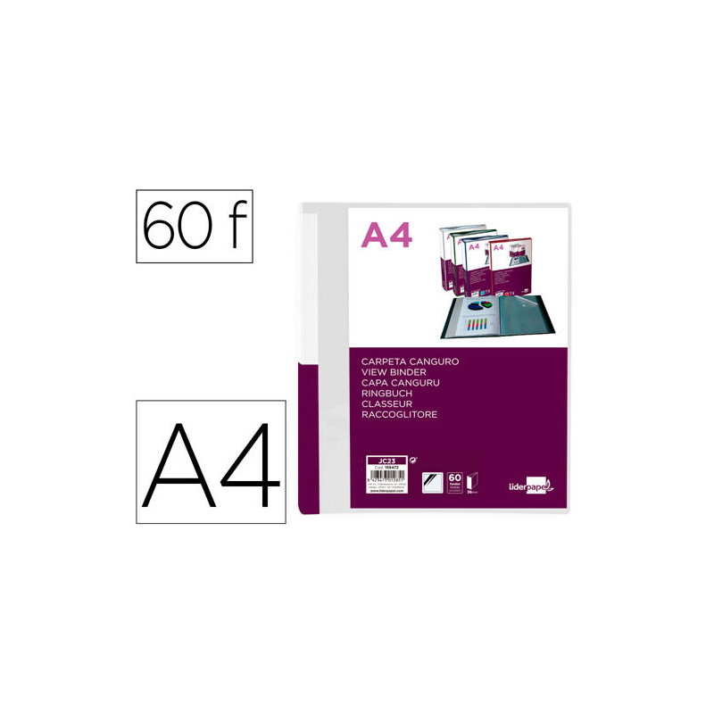 CARPETA LIDERPAPEL 60 FUNDAS CANGURO PP DIN A4 TRANSPARENTEPORTADA Y LOMO PERSONALIZABLE