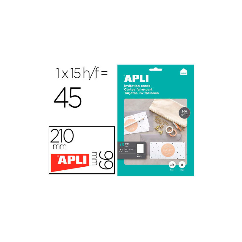 TARJETA DE VISITA APLI INVITACION HOGAR 210X99 MM 200 GR BLANCA BOLSA DE 15 HOJAS DIN A4