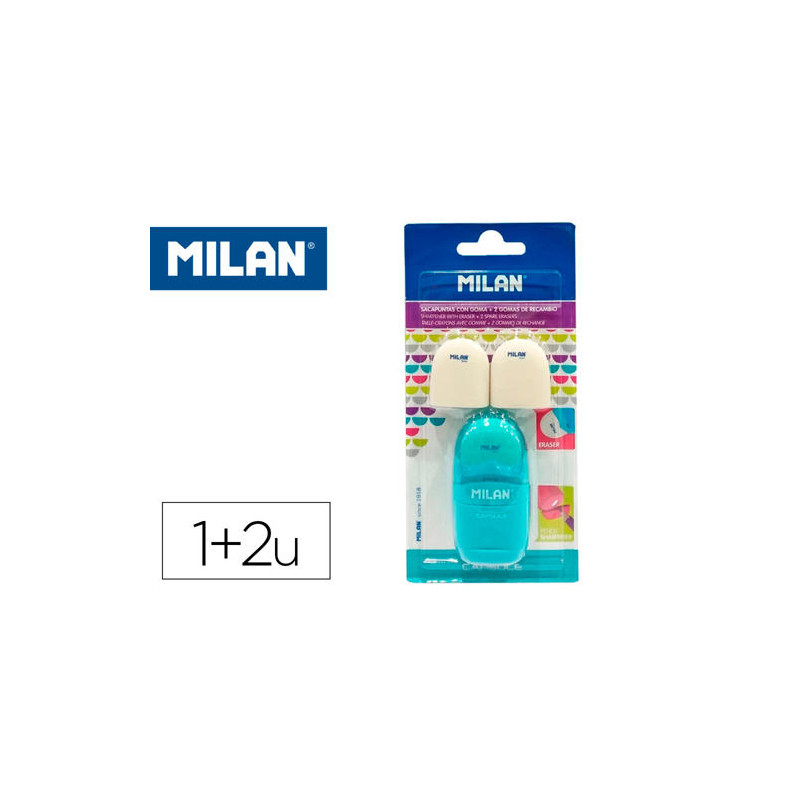 SACAPUNTAS MILAN CAPSULE PLASTICO 1 USO CON GOMA + 2 RECAMBIOS DE GOMA EN BLISTER