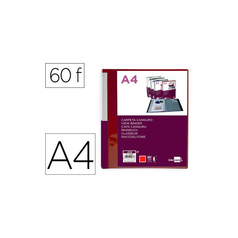 CARPETA LIDERPAPEL 60 FUNDAS CANGURO PP DIN A4 ROJO TRANSLUCIDO PORTADA Y LOMO PERSONALIZABLE