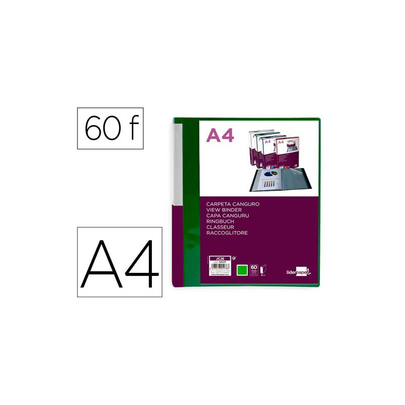 CARPETA LIDERPAPEL 60 FUNDAS CANGURO PP DIN A4 VERDE TRANSLUCIDO PORTADA Y LOMO PERSONALIZABLE