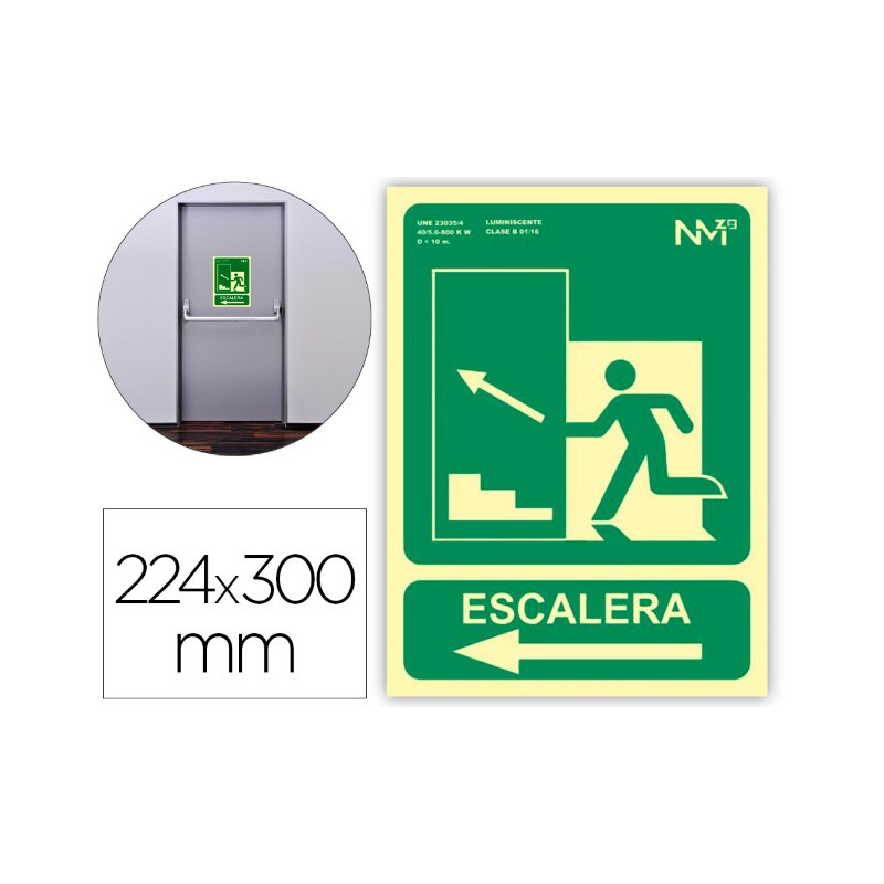 PICTOGRAMA ARCHIVO 2000 SALIDA EMERGENCIA ESCALERA SUBE IZQUIERDA PVC VERDE LUMINISCENTE 224X300 MM