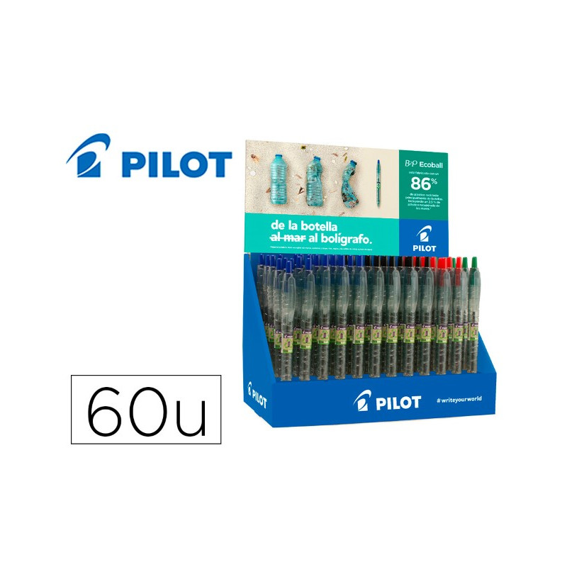 BOLIGRAFO PILOT ECOBALL PLASTICO RECICLADO EXPOSITOR DE 60 UNIDADES COLORES SURTIDOS + 10 BOLIGRAFOS