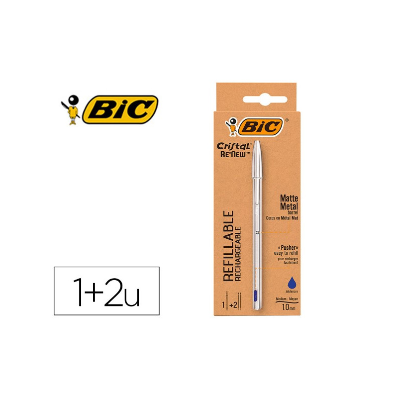 BOLIGRAFO BIC CRISTAL RENEW TINTA AZUL CON CUERPO EN ALUMINIO MATE MAS 2 RECAMBIOS EN CAJA CARTON