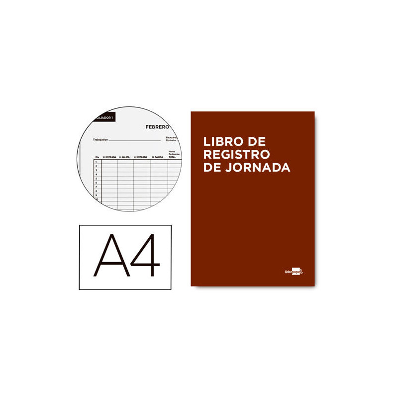 LIBRO LIDERPAPEL REGISTRO DE JORNADA EMPLEADOS A4 10 EMPLEADOS MES PAGINA PAPEL BLANCO 90 G
