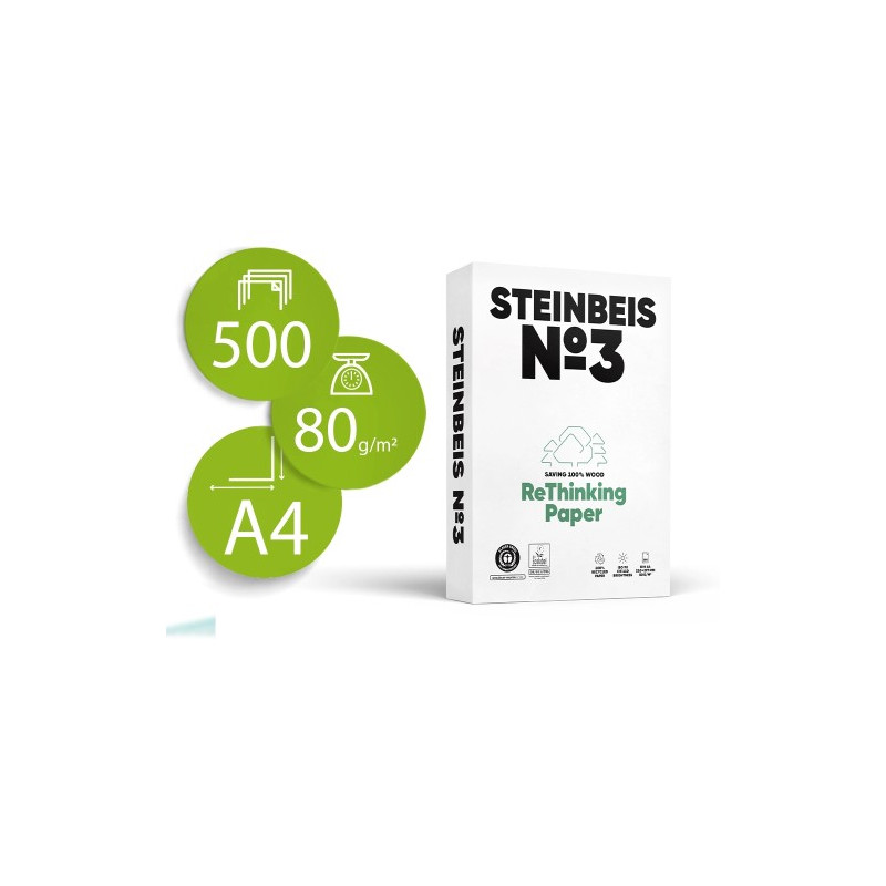 PAPEL FOTOCOPIADORA STEINBEIS N.3 100% RECICLADO DIN A4 80 GRAMOS PAQUETE DE 500 HOJAS