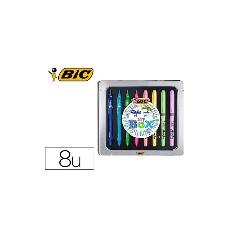 SET BIC CAJA METALICA 4 GELOCITY QUICK DRY COLORES SURTIDOS + 4 FLUORESCENTES GRIP COLORES PASTEL SU