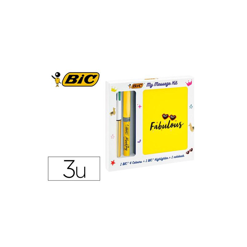 SET ESCRITURA BIC 1 CUATRO COLORES SHINE + 1 FLUORESCENTE GRIP PASTEL + 1 NOTEBOOK