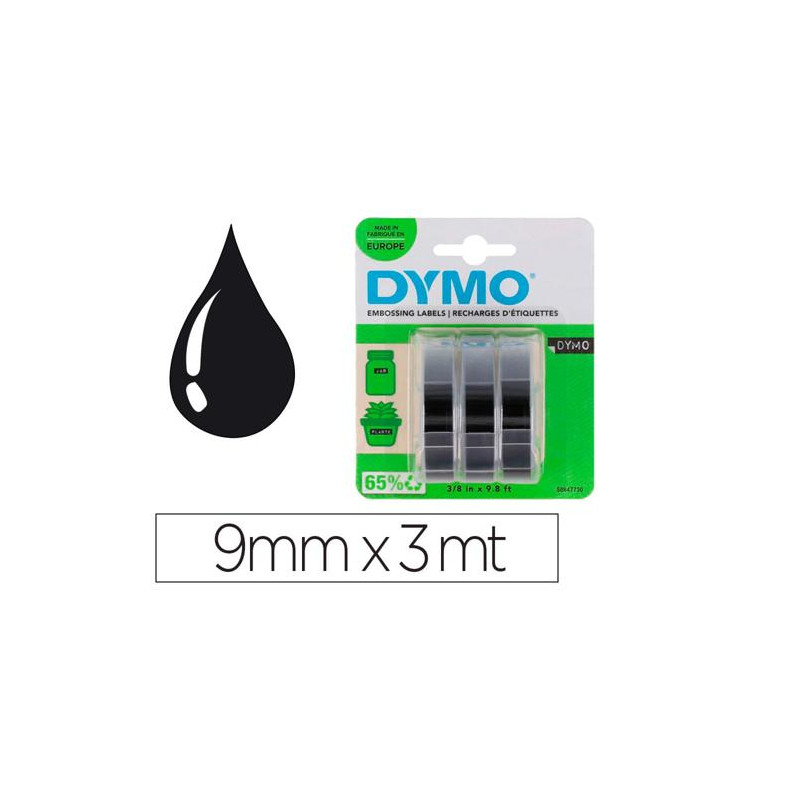 CINTA DYMO 3D 9MM X 3MT PARA ROTULADORA OMEGA/JUNIOR COLOR NEGRO BLISTER 3 UNIDADES