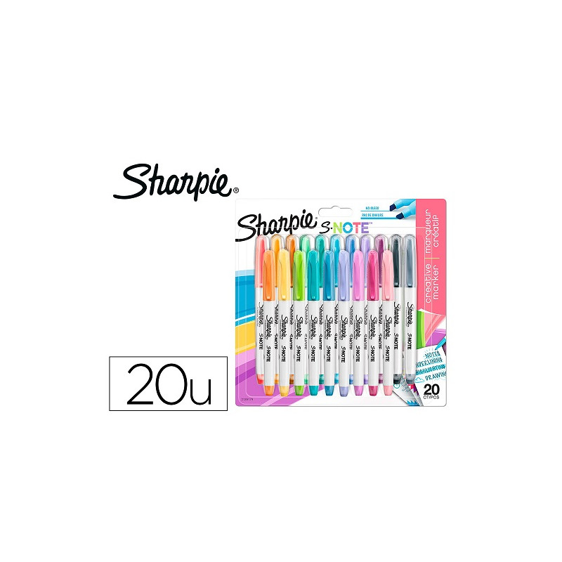 ROTULADOR SHARPIE PERMANENTE S-NOTE PUNTA BISELADA TRAZO 1,2 /3,87 MM BLISTER 20 UNIDADES COLORES SU