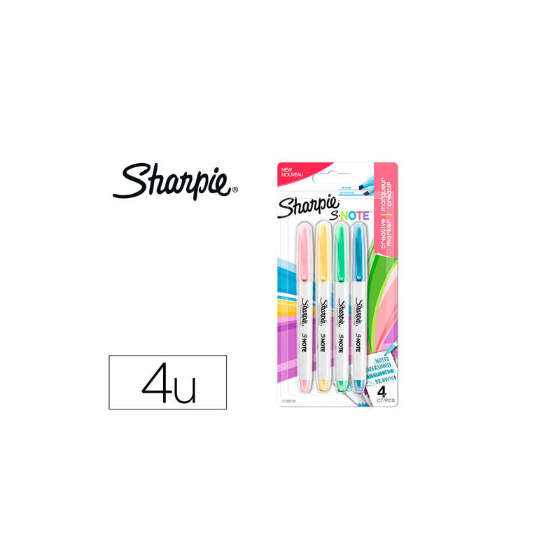 ROTULADOR SHARPIE PERMANENTE S-NOTE PUNTA BISELADA TRAZO 1,2 /3,87 MM BLISTER 4 UNIDADES COLORES SUR