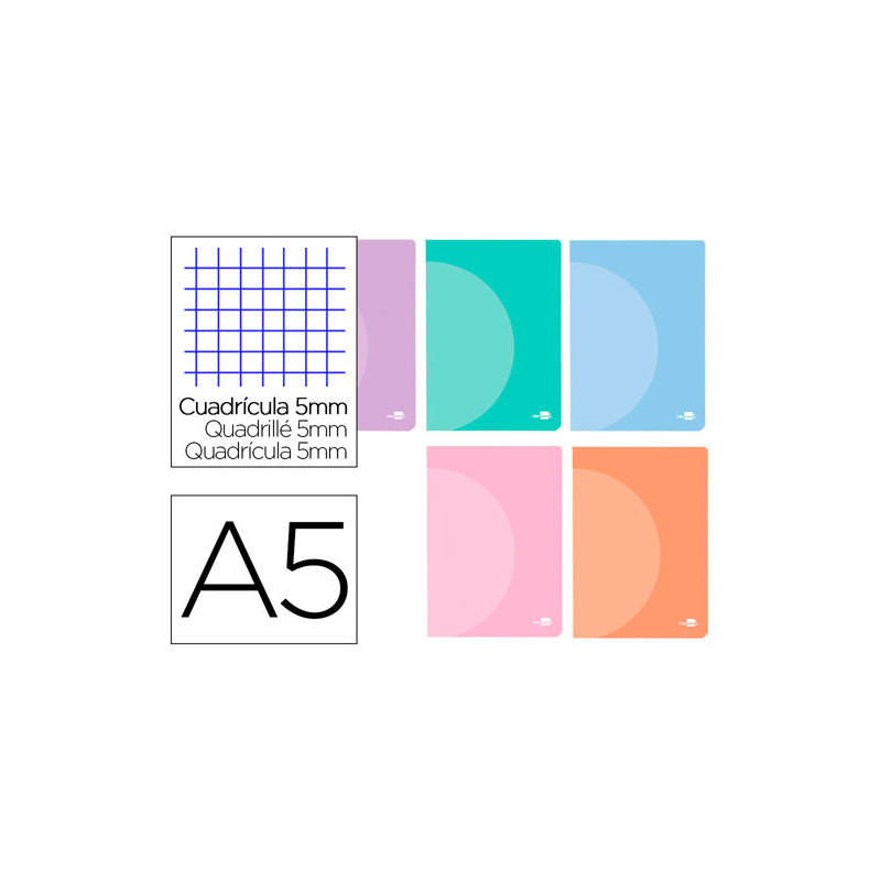 LIBRETA LIDERPAPEL 360 TAPA DE PLASTICO A5 48 HOJAS 90G/M2 CUADRO 5 MM CON DOBLE MARGEN COLORES PAST
