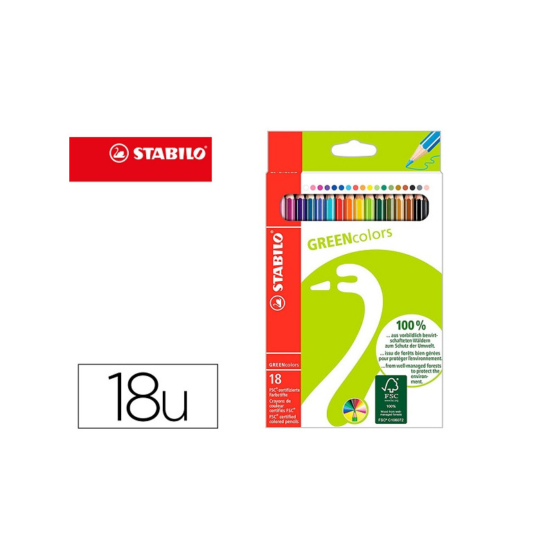 LAPICES DE COLORES STABILO GREEN COLORS CON CERTIFICADO FSC ESTUCHE CARTON DE 18 UNIDADES COLORES SU