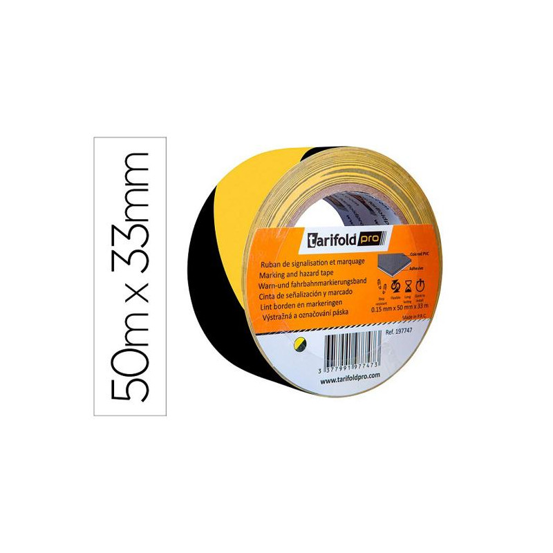 CINTA ADHESIVA TARIFOLD SEGURIDAD PARA MARCAJE Y SEÑALIZACION DE SUELO 33 MT X 50 MM COLOR NEGRO/AMA
