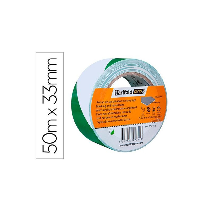 CINTA ADHESIVA TARIFOLD SEGURIDAD PARA MARCAJE Y SEÑALIZACION DE SUELO 33 MT X 50 MM COLOR BLANCO/VE