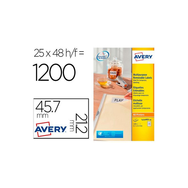 ETIQUETA ADHESIVA AVERY BLANCA REMOVIBLE PARA LASER INK-JET FOTOCOPIADORA 45,7X 21,2 MM CAJA DE 1200