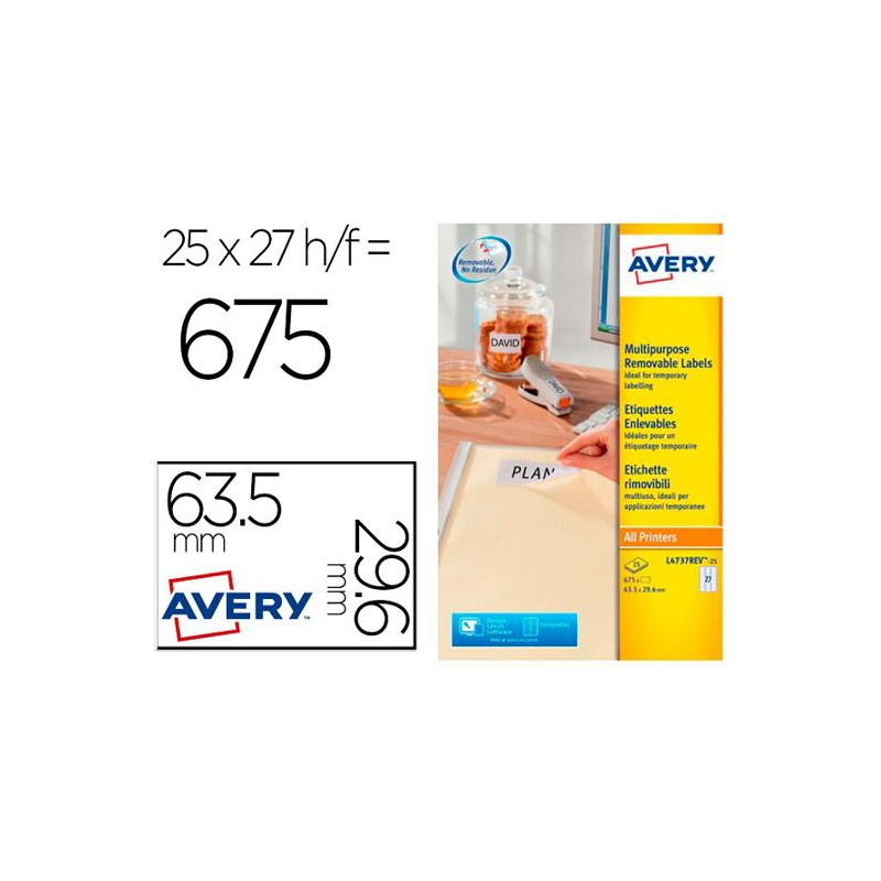 ETIQUETA ADHESIVA AVERY BLANCA REMOVIBLE PARA IMPRESORA LASER INKJET Y FOTOCOPIADORA 63,5X29,6 MM
