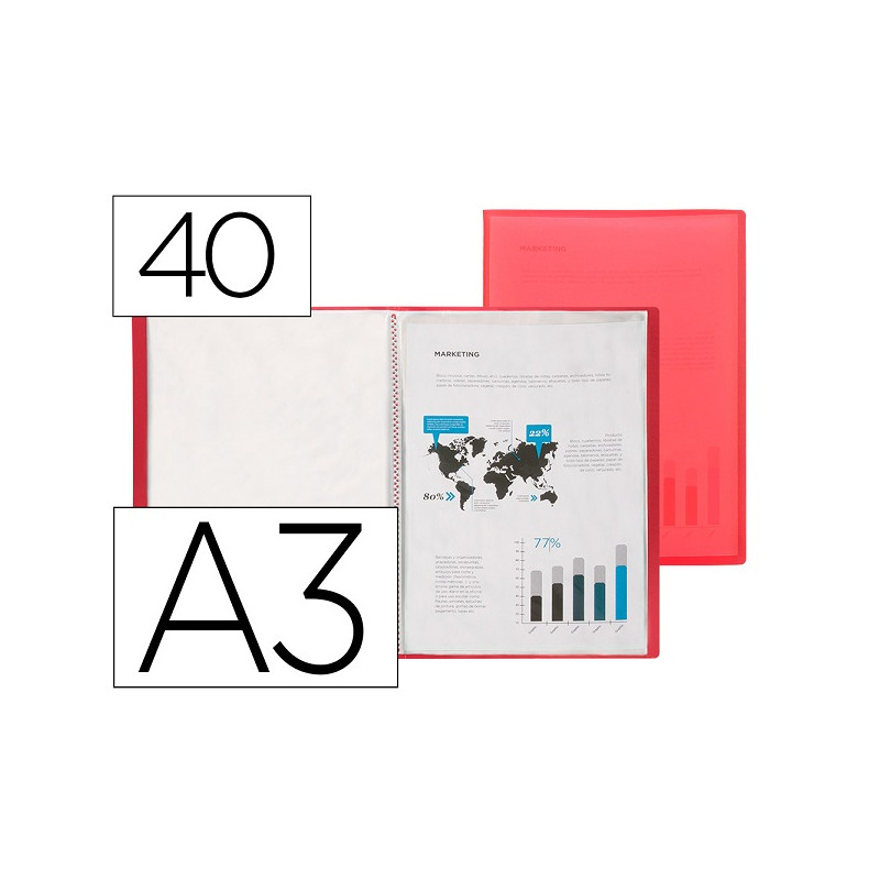 CARPETA LIDERPAPEL ESCAPARATE 40 FUNDAS POLIPROPILENO DIN A3 ROJO TRANSLUCIDO