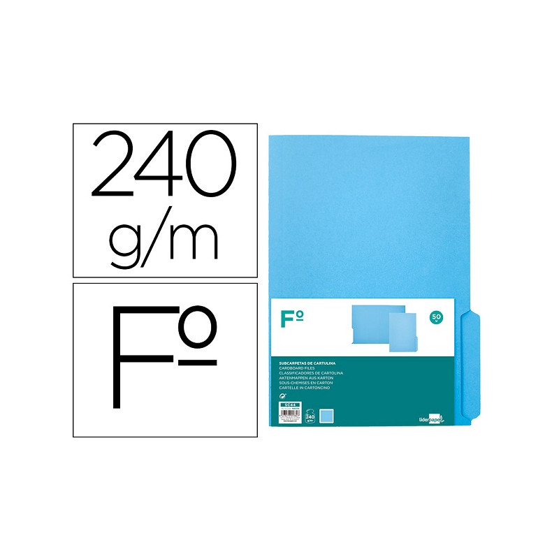 SUBCARPETA CARTULINA LIDERPAPEL FOLIO PESTAÑA INFERIOR 240G/M2 AZUL