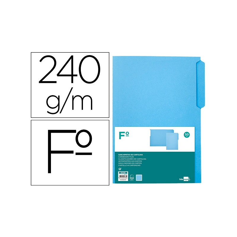 SUBCARPETA CARTULINA LIDERPAPEL FOLIO PESTAÑA SUPERIOR 240G/M2 AZUL