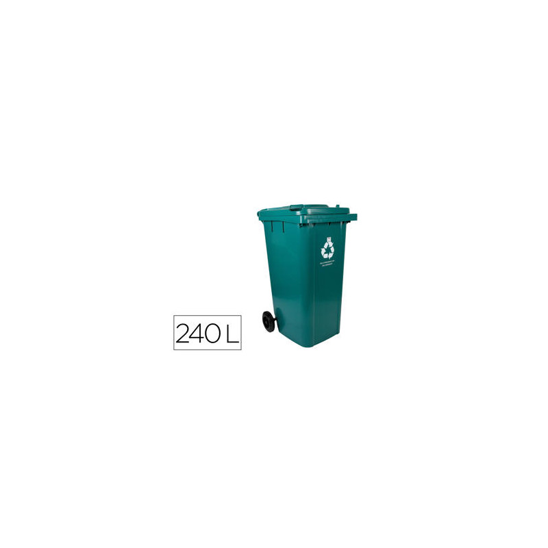  PAPELERA CONTENEDOR Q-CONNECT PLASTICO CON TAPADERA Y RUEDAS 240 LITROS VERDE 1040X620X610 MM