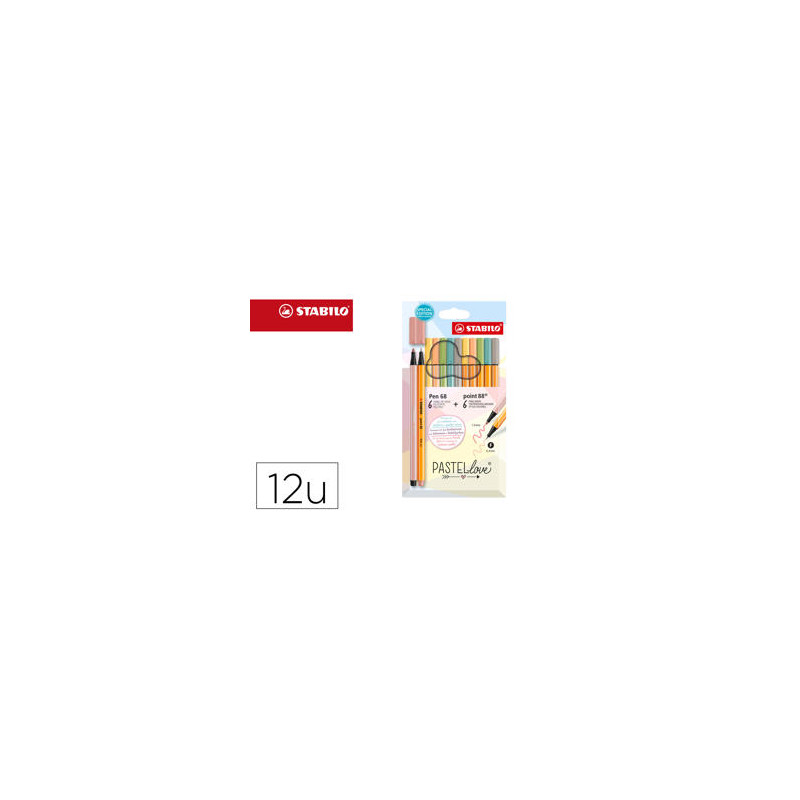 ROTULADOR STABILO PUNTA DE FIBRA POINT 88 + PEN 68 PASTEL LOVE ESTUCHE DE CARTON DE 12 COLORES SURTI