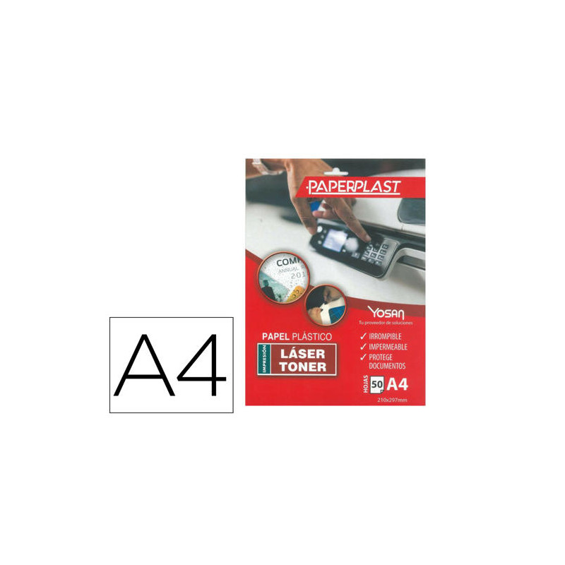 PAPEL PLASTICO YOSAN PAPERPLAST POLIESTER BLANCO BRILLO DIN A4 200 MC IMPRIMIBLE PAQUETE DE 50 HOJAS