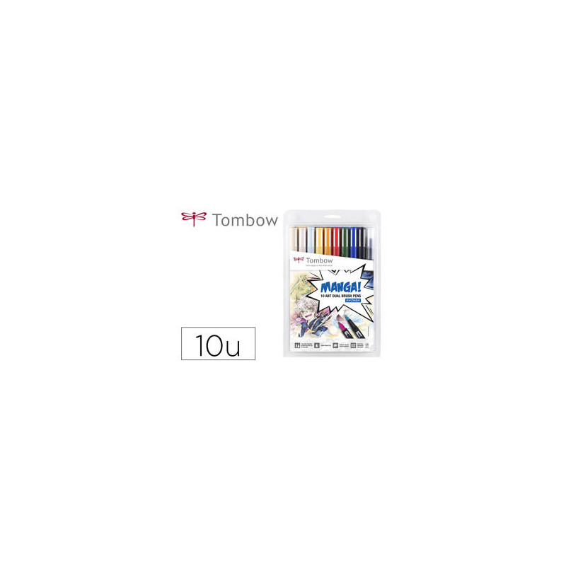 ROTULADOR TOMBOW ABT DUAL BRUSH ACUARELABLE DOBLE PUNTA FINA/PINCEL ESTUCHE DE 10 COLORES MANGA SHON