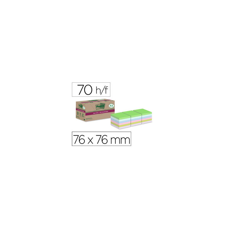 BLOC DE NOTAS ADHESIVAS QUITA Y PON POST-IT SUPER STICKY 76X76 MM 70 HOJAS RECICLADAS PAQUETE DE 14 