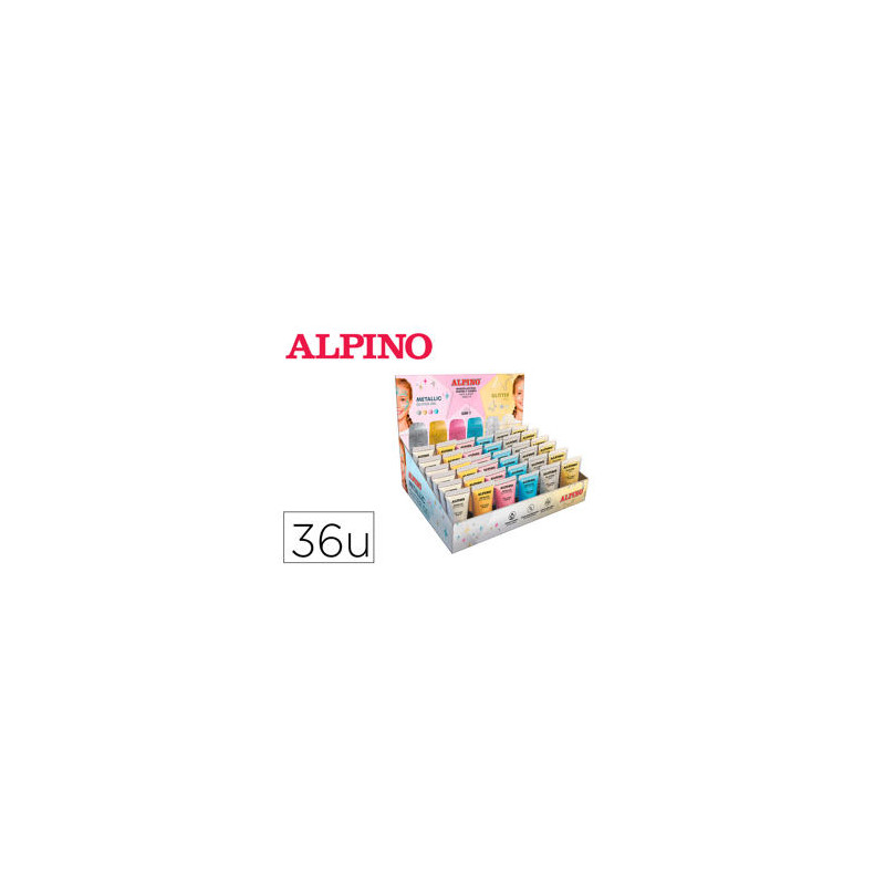 EXPOSITOR ALPINO GEL MAQUILLAJE 24 GLITTTER GEL METALICO + 12 GLITTER GEL
