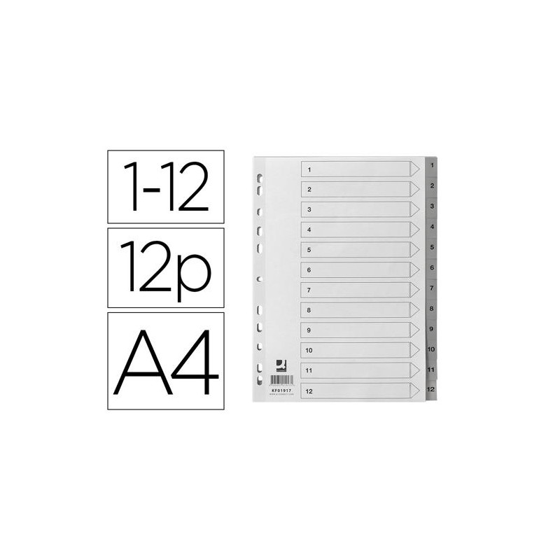 SEPARADOR NUMERICO Q-CONNECT PLASTICO 1-12 JUEGO DE 12 SEPARADORES DIN A4 MULTITALADRO